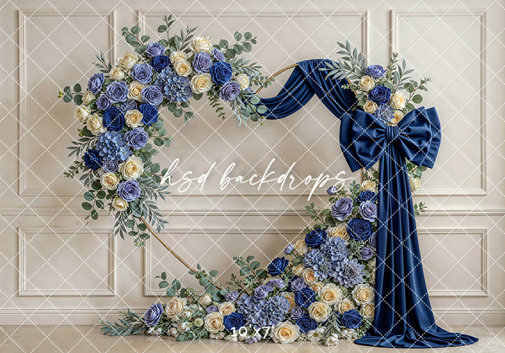 Navy Blue Rose Bow Floral Arch Photography Backdrop – Elegant Royal Portrait Design | HSD Backdrops