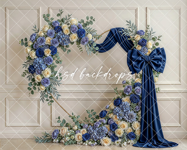 Navy Blue Rose Bow Floral Arch Photography Backdrop – Elegant Royal Portrait Design | HSD Backdrops