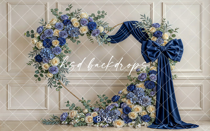 Navy Blue Rose Bow Floral Arch Photography Backdrop – Elegant Royal Portrait Design | HSD Backdrops