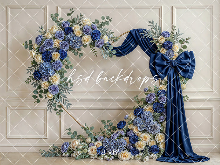 Navy Blue Rose Bow Floral Arch Photography Backdrop – Elegant Royal Portrait Design | HSD Backdrops