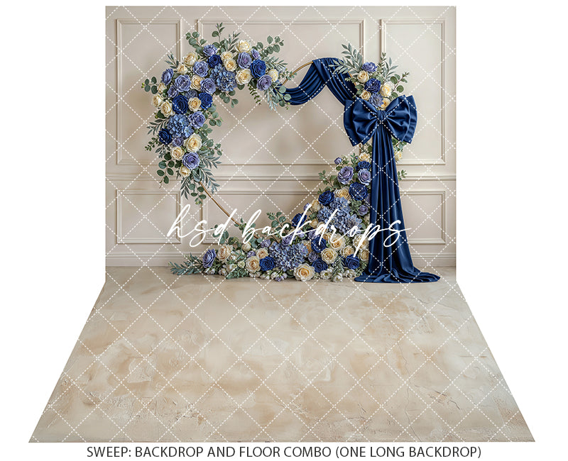 Navy Blue Rose Bow Floral Arch Photography Backdrop – Elegant Royal Portrait Design | HSD Backdrops