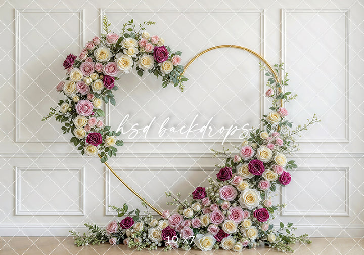 Blush Burgundy Rose Floral Arch Photography Backdrop – Elegant Gold Circle Portrait Design | HSD Backdrops
