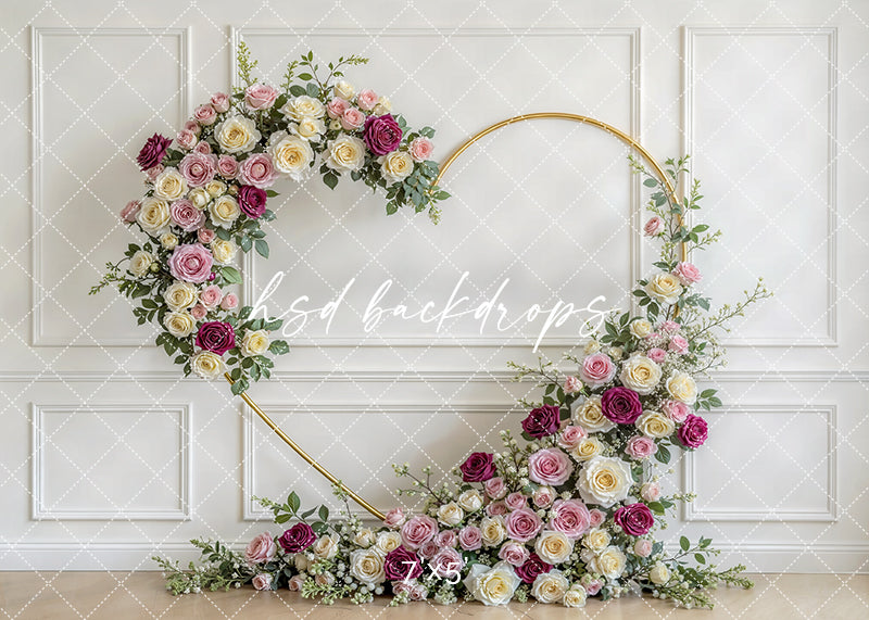 Blush and burgundy rose floral arch photography backdrop with gold circular frame, elegant Mother’s Day and maternity portrait background.