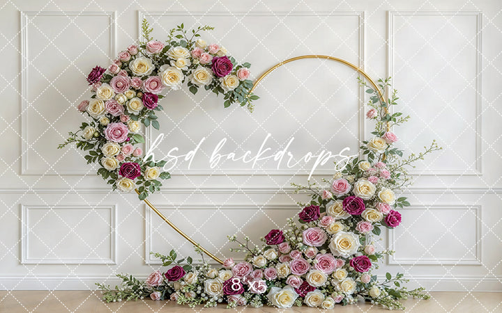 Blush Burgundy Rose Floral Arch Photography Backdrop – Elegant Gold Circle Portrait Design | HSD Backdrops