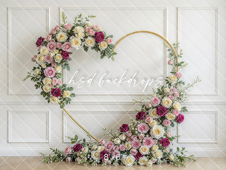 Blush Burgundy Rose Floral Arch Photography Backdrop – Elegant Gold Circle Portrait Design | HSD Backdrops