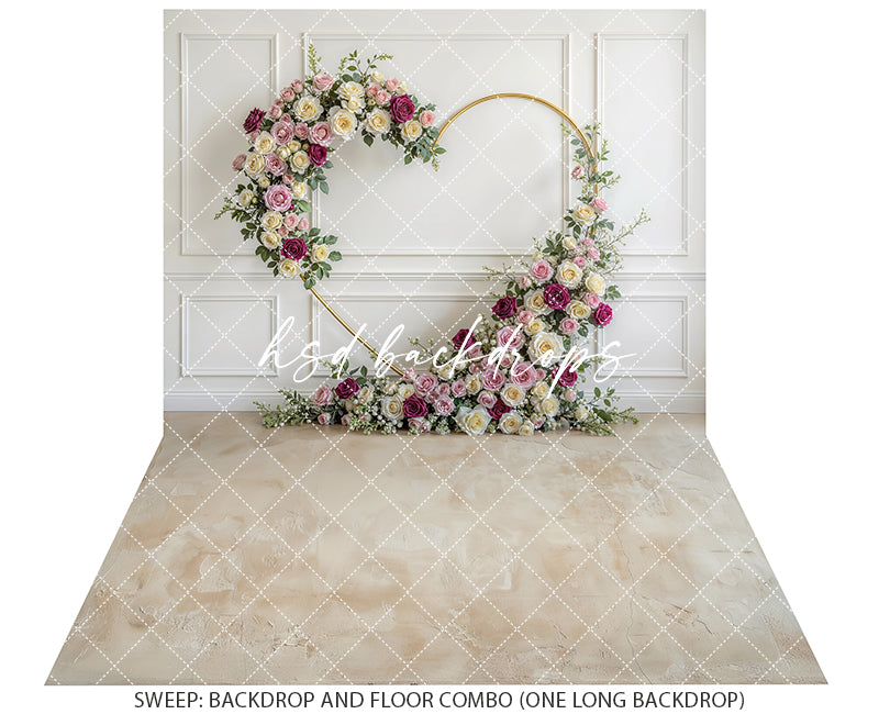 Blush Burgundy Rose Floral Arch Photography Backdrop – Elegant Gold Circle Portrait Design | HSD Backdrops