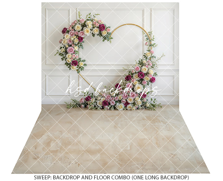 Blush Burgundy Rose Floral Arch Photography Backdrop – Elegant Gold Circle Portrait Design | HSD Backdrops