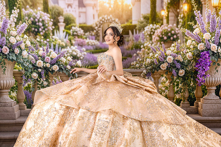 Royal lavender garden quinceañera photography backdrop featuring an elegant princess in a champagne gold ball gown surrounded by lavender flowers, ivory roses, stone balustrades, and romantic palace gardens.