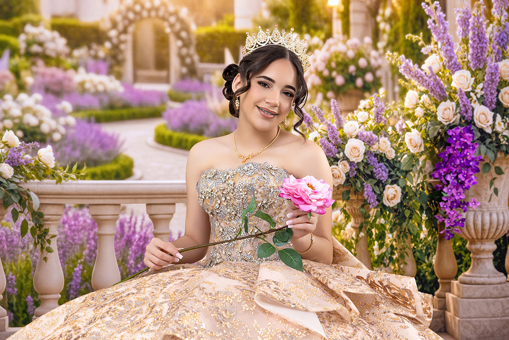 Lavender rose quinceañera photography backdrop featuring elegant floral urns, purple blossoms, ivory roses, lush greenery, and a young woman in a sparkling champagne ball gown.