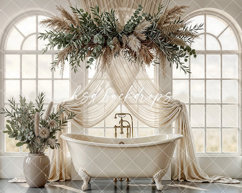 Neutral Botanical Window Bathtub Photography Backdrop – Elegant Spa Portrait Scene | HSD Backdrops