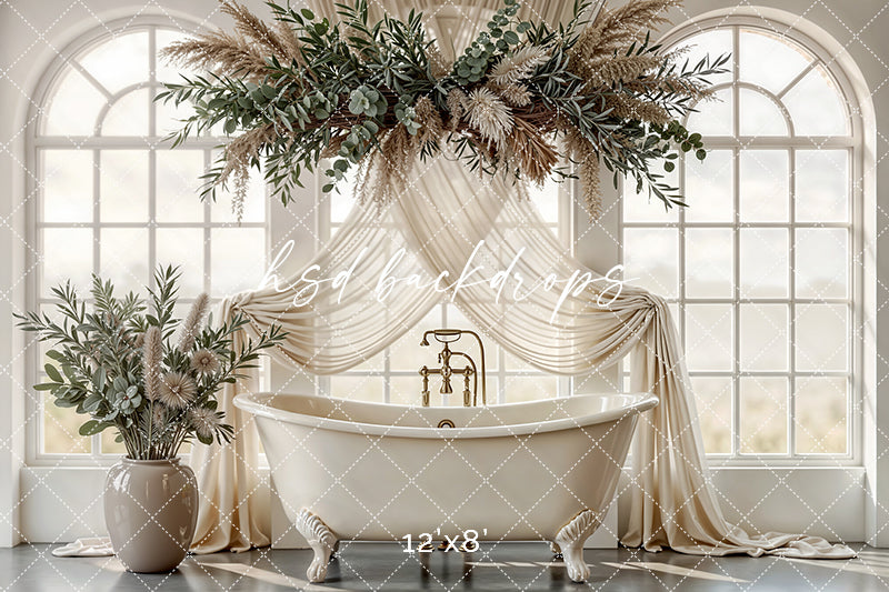 Neutral Botanical Window Bathtub Photography Backdrop – Elegant Spa Portrait Scene | HSD Backdrops