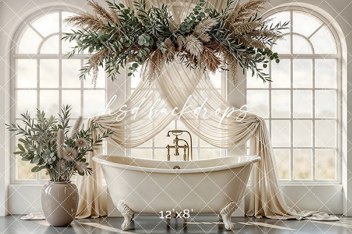 Neutral Botanical Window Bathtub Photography Backdrop – Elegant Spa Portrait Scene | HSD Backdrops