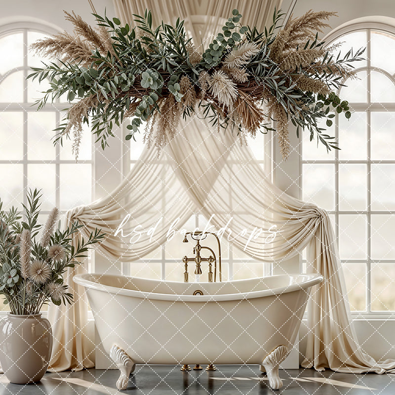 Neutral Botanical Window Bathtub Photography Backdrop – Elegant Spa Portrait Scene | HSD Backdrops