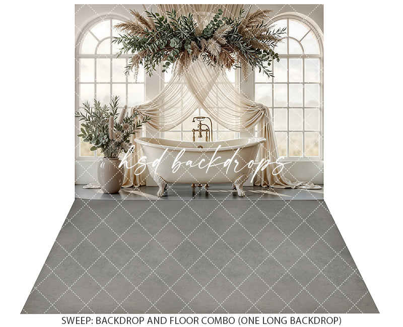 Neutral Botanical Window Bathtub Photography Backdrop – Elegant Spa Portrait Scene | HSD Backdrops