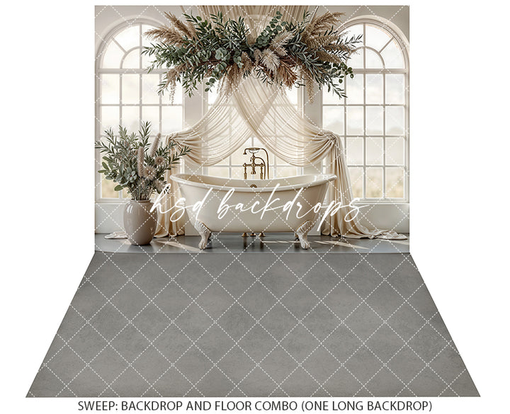 Neutral Botanical Window Bathtub Photography Backdrop – Elegant Spa Portrait Scene | HSD Backdrops