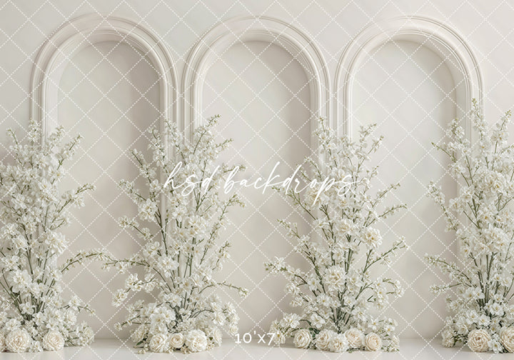 Ivory Floral Triple Arch Photography Backdrop – Elegant Mom & Me Portrait Scene | HSD Backdrops