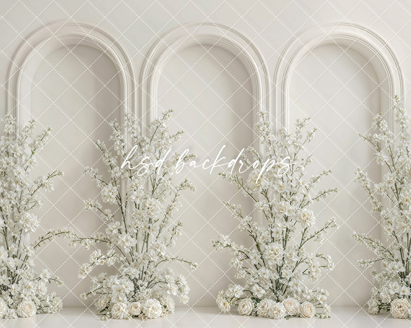 Ivory Floral Triple Arch Photography Backdrop – Elegant Mom & Me Portrait Scene | HSD Backdrops