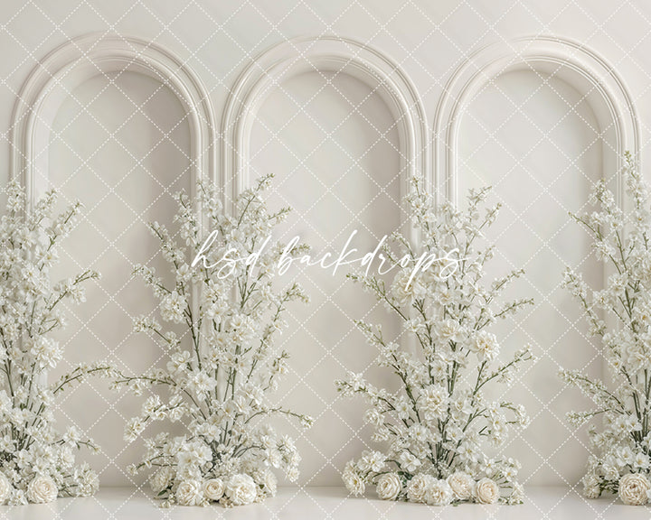 Ivory Floral Triple Arch Photography Backdrop – Elegant Mom & Me Portrait Scene | HSD Backdrops