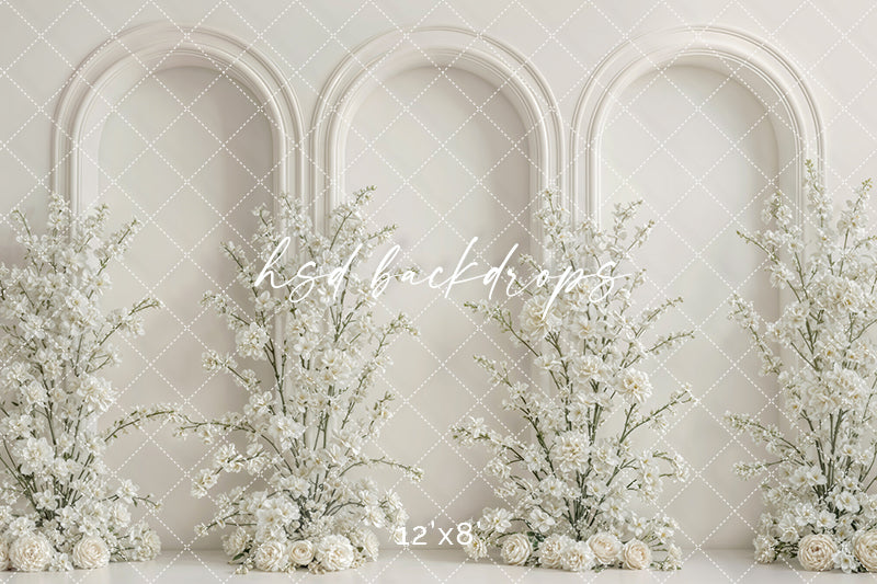 Ivory Floral Triple Arch Photography Backdrop – Elegant Mom & Me Portrait Scene | HSD Backdrops
