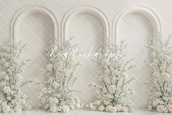 Ivory Floral Triple Arch Photography Backdrop – Elegant Mom & Me Portrait Scene | HSD Backdrops