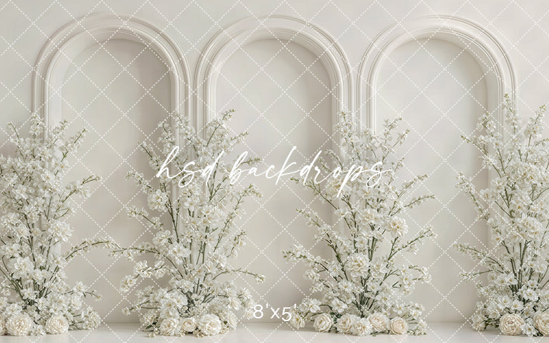 Ivory Floral Triple Arch Photography Backdrop – Elegant Mom & Me Portrait Scene | HSD Backdrops