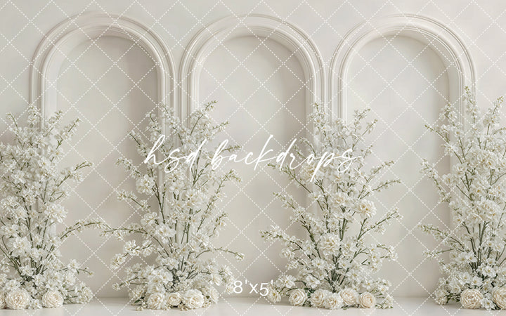 Ivory Floral Triple Arch Photography Backdrop – Elegant Mom & Me Portrait Scene | HSD Backdrops