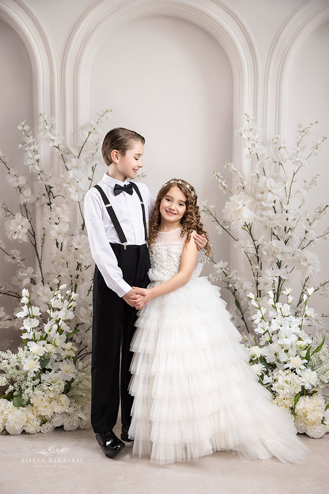 Ivory Floral Triple Arch Photography Backdrop – Elegant Mom &amp; Me Portrait Scene | HSD Backdrops