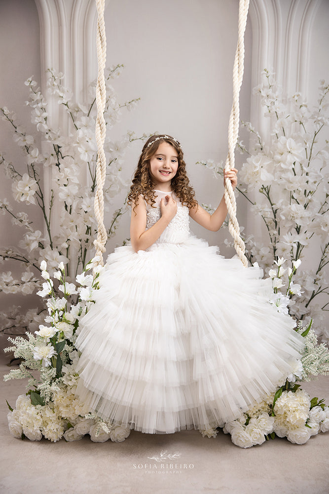 Ivory Floral Triple Arch Photography Backdrop – Elegant Mom &amp; Me Portrait Scene | HSD Backdrops