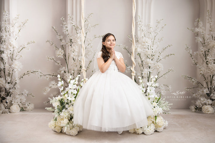 Ivory Floral Triple Arch Photography Backdrop – Elegant Mom &amp; Me Portrait Scene | HSD Backdrops