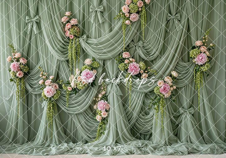 Sage Garden Draped Floral Photography Backdrop – Romantic Spring Portrait Scene | HSD Backdrops