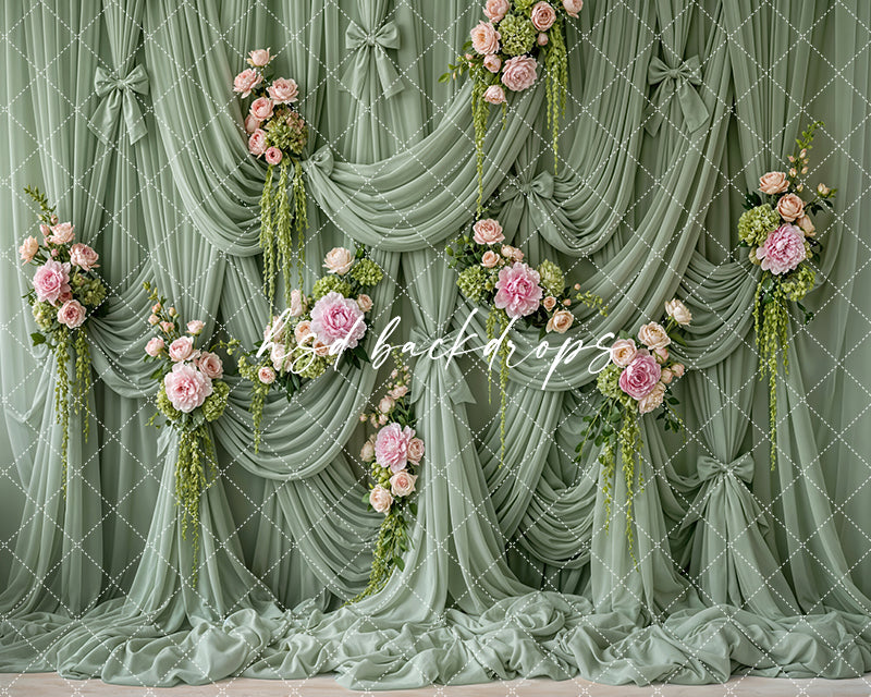 Sage Garden Draped Floral Photography Backdrop – Romantic Spring Portrait Scene | HSD Backdrops