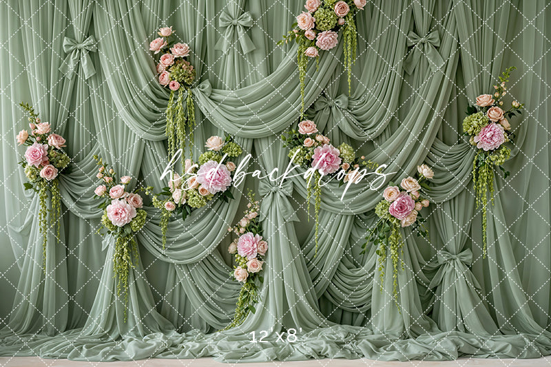 Sage Garden Draped Floral Photography Backdrop – Romantic Spring Portrait Scene | HSD Backdrops