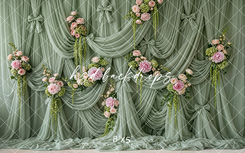 Sage Garden Draped Floral Photography Backdrop – Romantic Spring Portrait Scene | HSD Backdrops