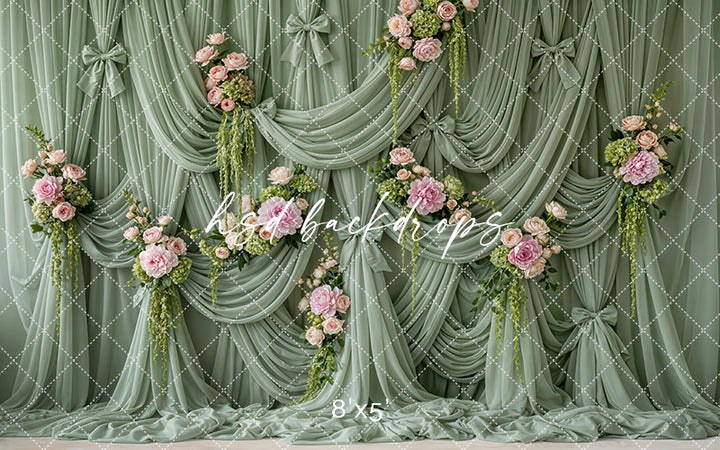 Sage Garden Draped Floral Photography Backdrop – Romantic Spring Portrait Scene | HSD Backdrops