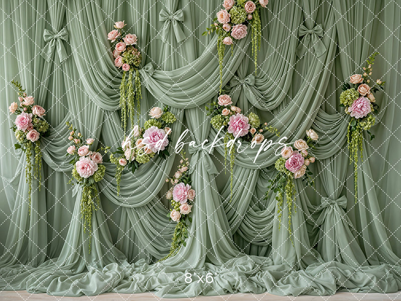 Sage Garden Draped Floral Photography Backdrop – Romantic Spring Portrait Scene | HSD Backdrops