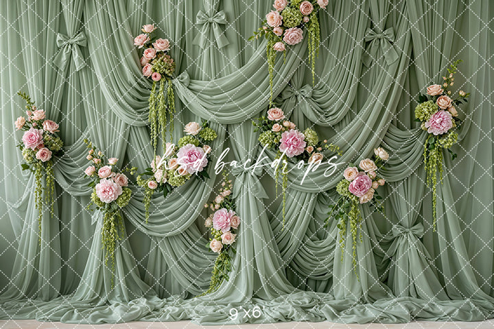 Sage Garden Draped Floral Photography Backdrop – Romantic Spring Portrait Scene | HSD Backdrops