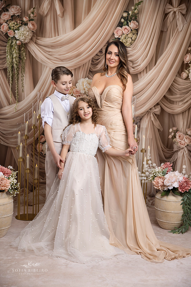 Champagne Rose Draped Floral Photography Backdrop – Romantic Elegant Portrait Scene | HSD Backdrops