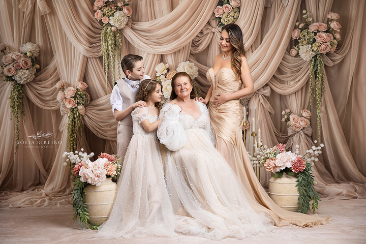 Champagne Rose Draped Floral Photography Backdrop – Romantic Elegant Portrait Scene | HSD Backdrops