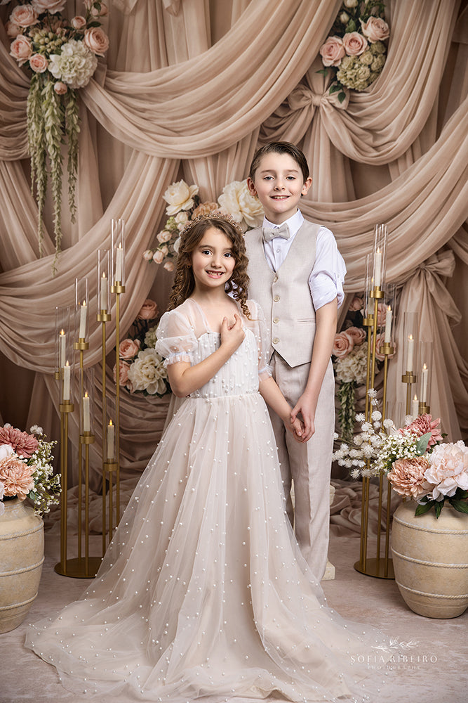 Champagne Rose Draped Floral Photography Backdrop – Romantic Elegant Portrait Scene | HSD Backdrops