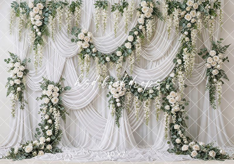 Ivory Garden Rose Draped Floral Photography Backdrop – Elegant Romantic Portrait Scene | HSD Backdrops