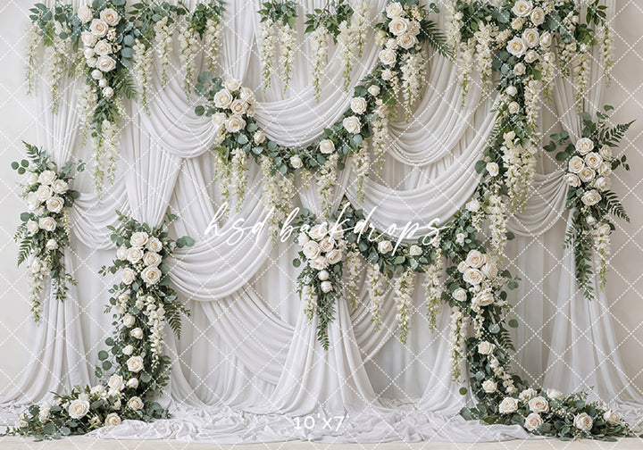 Ivory Garden Rose Draped Floral Photography Backdrop – Elegant Romantic Portrait Scene | HSD Backdrops