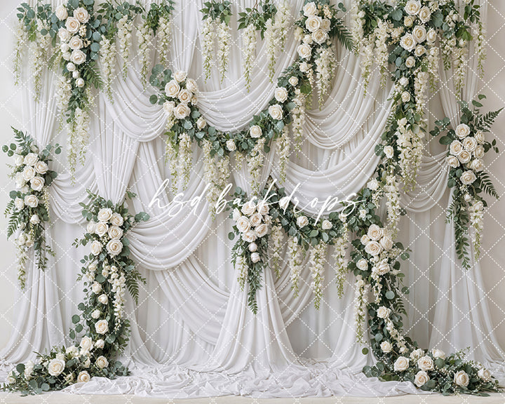 Ivory Garden Rose Draped Floral Photography Backdrop – Elegant Romantic Portrait Scene | HSD Backdrops