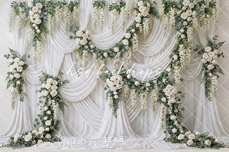 Ivory Garden Rose Draped Floral Photography Backdrop – Elegant Romantic Portrait Scene | HSD Backdrops