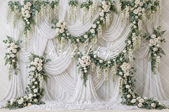 Ivory Garden Rose Draped Floral Photography Backdrop – Elegant Romantic Portrait Scene | HSD Backdrops
