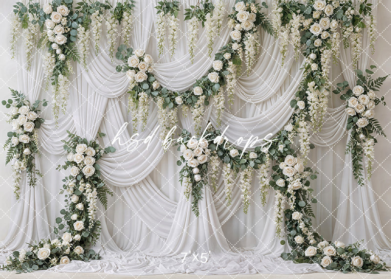 Ivory garden rose draped floral photography backdrop with cascading white roses, greenery, and flowing ivory fabric for Mother’s Day and romantic portraits.