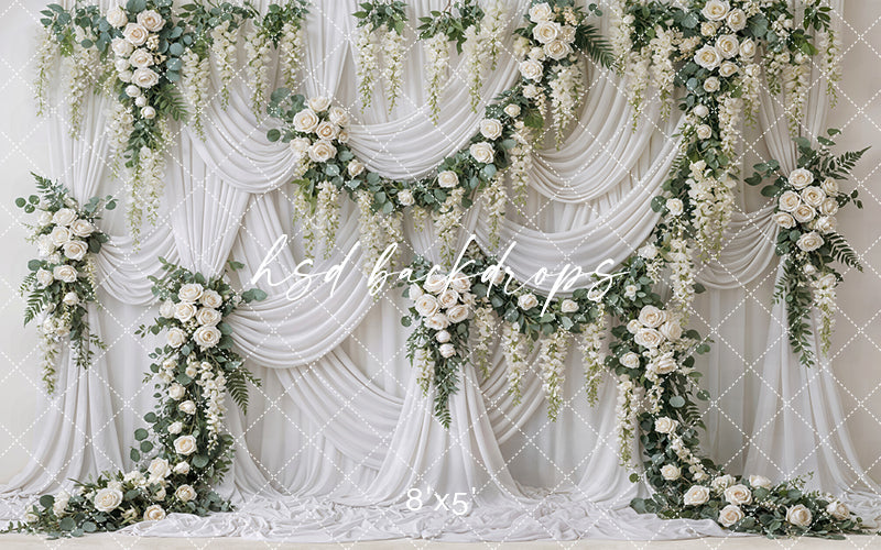 Ivory Garden Rose Draped Floral Photography Backdrop – Elegant Romantic Portrait Scene | HSD Backdrops