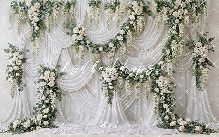 Ivory Garden Rose Draped Floral Photography Backdrop – Elegant Romantic Portrait Scene | HSD Backdrops