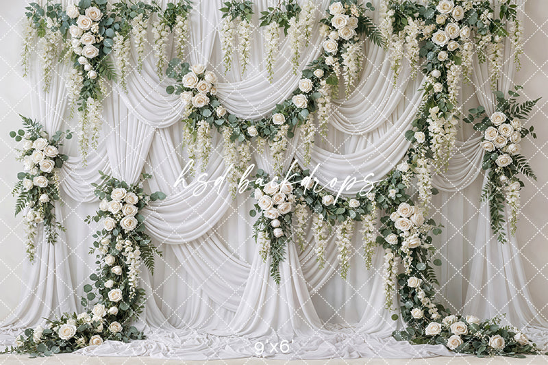 Ivory Garden Rose Draped Floral Photography Backdrop – Elegant Romantic Portrait Scene | HSD Backdrops