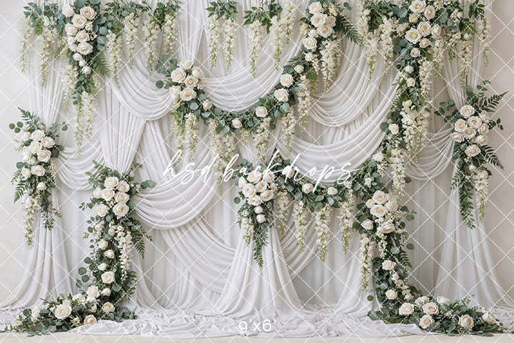 Ivory Garden Rose Draped Floral Photography Backdrop – Elegant Romantic Portrait Scene | HSD Backdrops