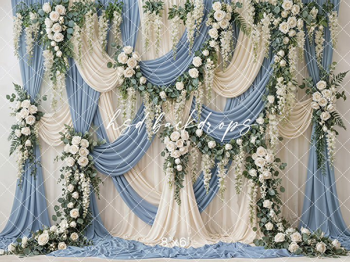 Dusty Blue & Ivory Draped Floral Photography Backdrop – Romantic Garden Portrait Scene | HSD Backdrops